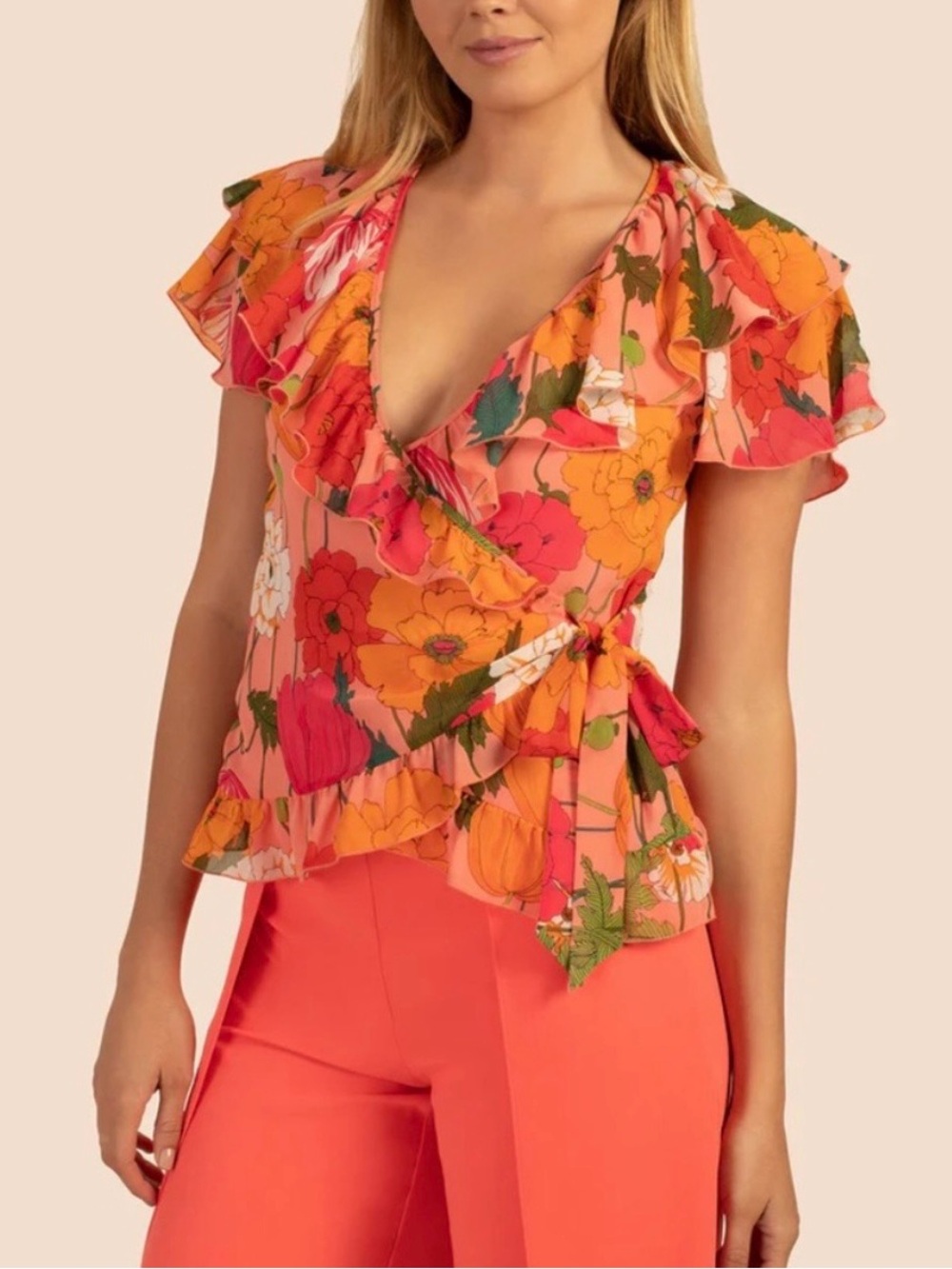Floral Wrap Ruffle Blouse - Pink Orange
